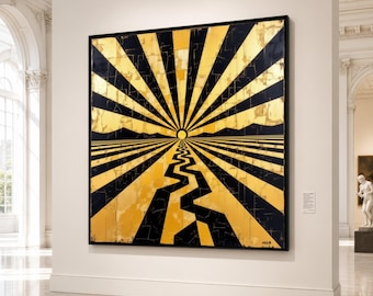 Golden Sunrise Canvas Wall Art, Abstract Sunburst Design, Modern Geometric Canvas, Radiant Home Decor, Ready to Hang Wall Art