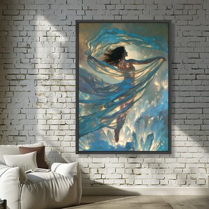 Ethereal Woman with Flowing Fabric, Crystal Light Canvas, Mystical Fine Art, Dreamy Wall Decor, Elegant Home Decoration image 3