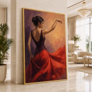 Woman Dancer Canvas Artwork, Flowing Red Dress, Rose Gold and Copper Palette, Dramatic Dance Pose, Figurative Composition for Home Decor