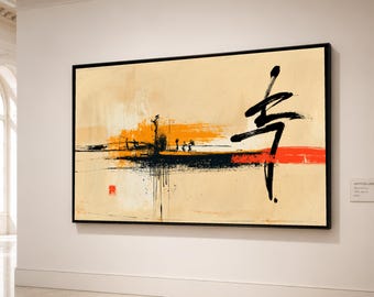 Modern Abstract Canvas Wall Art with Bold Black Calligraphy and Orange Brush Strokes, Contemporary Home Decoration