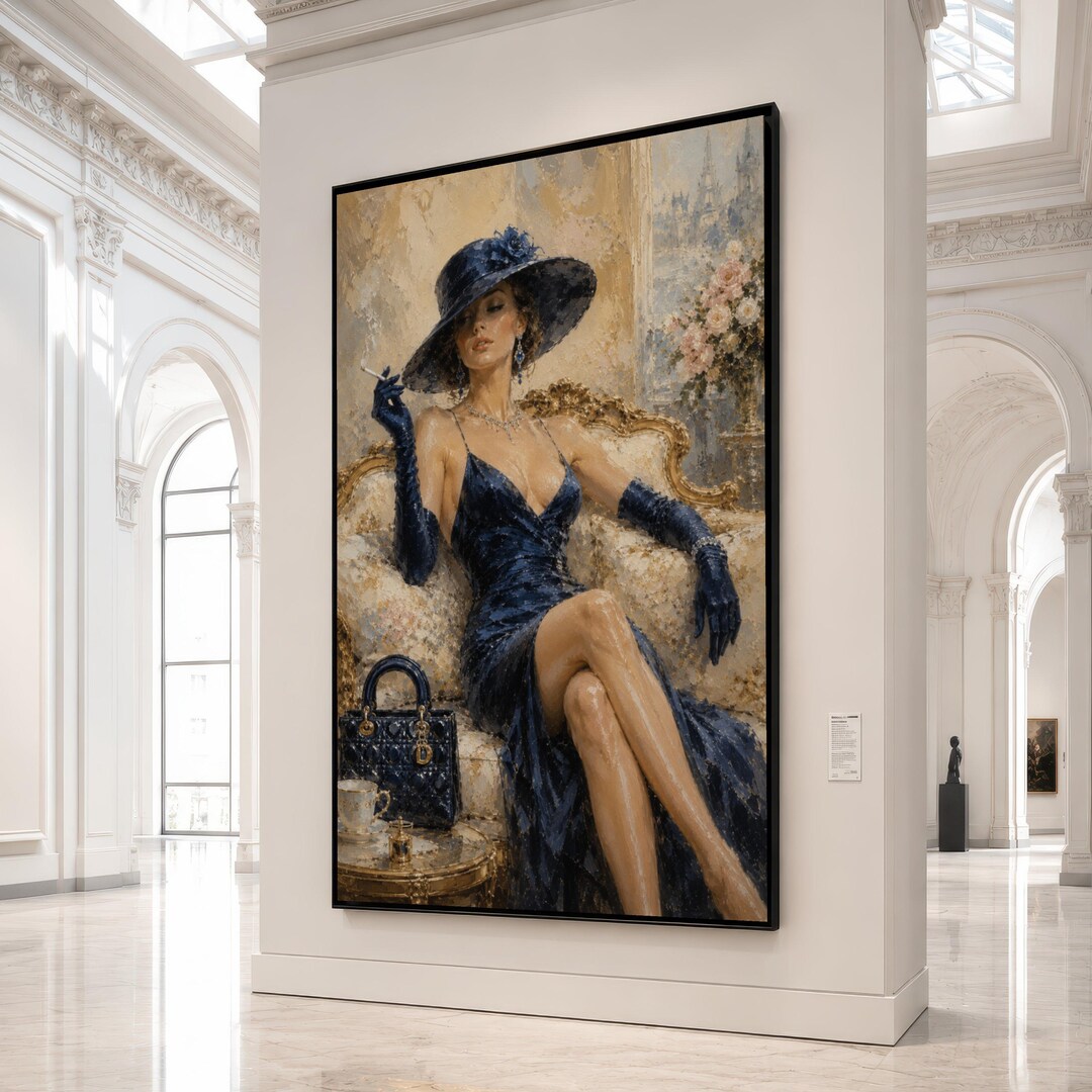 Elegant Woman Blue Gown, Vintage Fashion Canvas, Glamorous Lady Wall ...