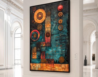 Abstract Geometric Circles Canvas, Modern Tribal Wall Art, Ethnic Pattern Canvas, Home Decor Canvas Artwork, Vibrant Blue and Orange Design