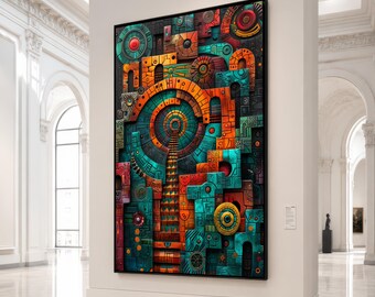 Geometric Abstract Maze Canvas, Colorful Modern Wall Art, Orange and Teal Decorative Canvas, Contemporary Home Decor, Artistic Pattern