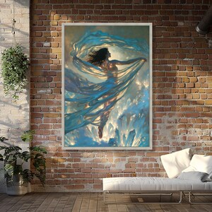 Ethereal Woman with Flowing Fabric, Crystal Light Canvas, Mystical Fine Art, Dreamy Wall Decor, Elegant Home Decoration image 4
