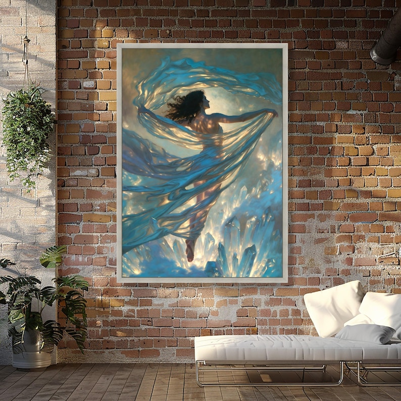 Ethereal Woman with Flowing Fabric, Crystal Light Canvas, Mystical Fine Art, Dreamy Wall Decor, Elegant Home Decoration image 4