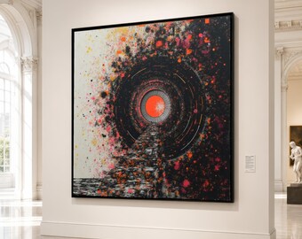 Cosmic Portal Abstract Canvas, Modern Wall Art, Circular Space Design, Vibrant Orange and Black Canvas, Contemporary Home Decor