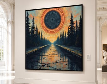 Surreal Forest Path, Abstract Sun Canvas, Reflective Road Wall Art, Mystical Landscape Design, Modern Nature Canvas Decoration