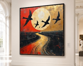 Flight Silhouettes at Sunset Canvas, Abstract Birds Wall Art, Golden Sun Landscape Canvas, Modern Nature Decoration, Ready to Hang Art