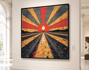 Abstract Sunrise Canvas Wall Art, Geometric Rays Design, Modern Retro Landscape, Vibrant Red Yellow Black, Home Decor Canvas