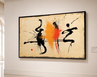 Abstract Zen Brush Strokes Canvas, Asian Calligraphy Style Wall Art, Modern Ink Splash Design, Minimalist Home Decoration Canvas
