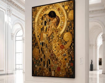 Golden Romance Embrace Canvas, Gustav Klimt Style Wall Art, Decorative Couple Kiss Painting, Luxury Home Canvas Decor