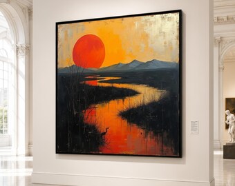 Vibrant Sunset River Scene Canvas, Bold Red Sun Wall Art, Nature Landscape Decor, Evening Reflection Canvas, Modern Home Decoration