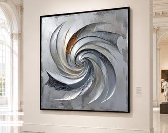 Metallic Spiral Abstract Canvas Wall Art, Modern Silver Swirl Design, Geometric Home Decoration, Contemporary Wall Canvas