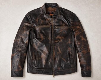 Men’s 90s Distressed Leather Jacket – Handmade Vintage Brown Black Moto Coat, Classic Biker Gift for Him