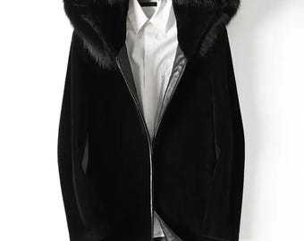 Men's Sheepskin Leather Jacket with Fox Fur Hood – Black Winter Coat – Luxury gift for Him
