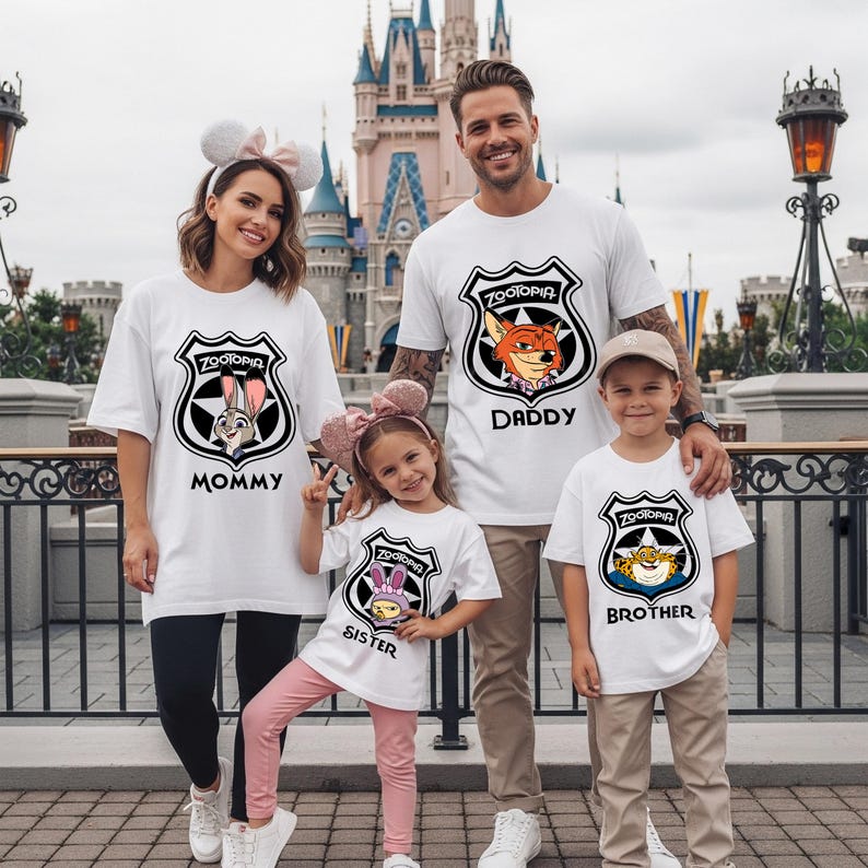 May include: A family of four wearing matching white t-shirts with Zootopia badge designs. The shirts feature the words "Mommy," "Daddy," "Sister," and "Brother." The background includes a castle and a decorative fence.