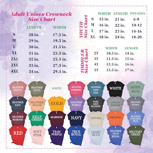 May include: A size chart for adult unisex crewneck t-shirts, youth, and toddler sizes. The chart includes measurements in inches for length and width, along with corresponding sizes and fits. Various t-shirt colors are displayed.