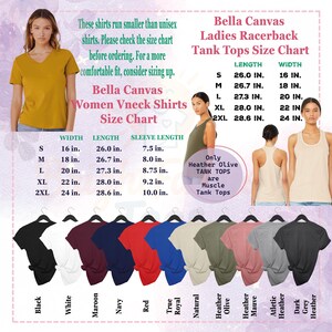 May include: Image features a size chart for Bella Canvas women's V-neck shirts and racerback tank tops. The chart provides measurements in inches for width, length, and sleeve length. Various shirt colors are displayed, including black, white, and red.