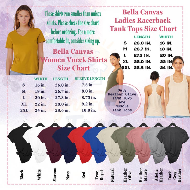 May include: Image features a size chart for Bella Canvas women's V-neck shirts and racerback tank tops. The chart provides measurements in inches for width, length, and sleeve length. Various shirt colors are displayed, including black, white, and red.