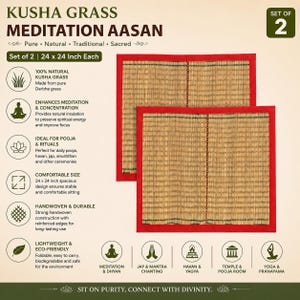 May include: A set of two square meditation mats made of natural tan Kusha grass, each measuring 24 by 24 inches. The mats feature a woven texture with thin green vertical accents and are bordered by a solid red fabric trim on all four sides.