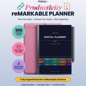 May include: A digital planner for reMarkable devices featuring a pink cover, a dark screen displaying a 2026 full year edition interface with a grid layout, and a stylus. The text includes Productivity reMARKABLE PLANNER, 595 LINKED PAGES, and ALL-IN-1 PLANNER.