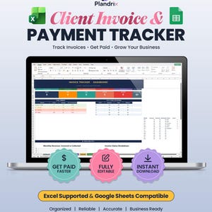 Peut inclure: Un ordinateur portable affichant un tableur de suivi des factures et des paiements. L'écran montre un tableau de bord avec des tableaux de données et des graphiques. L'image comprend des icônes de compatibilité Excel et Google Sheets, et le texte "Get Paid Faster", "Fully Editable" et "Instant Download".