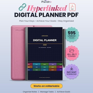 All in One Digital Planner 2026 for reMarkable 2 and Paper Pro, Hyperlinked PDF, Daily Weekly Monthly, 12 Life Sections