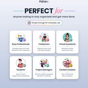 K&ouml;nnte beinhalten: Eine Plandrix-Infografik mit dem Text 'PERFECT for anyone looking to stay organized and get more done.' Sie zeigt sechs Kategorien: Busy Professionals, Freelancers, Virtual Assistants, Students, Project Managers und Content Creators.