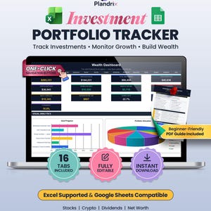 May include: A digital investment portfolio tracker for Excel and Google Sheets featuring a laptop screen displaying a wealth dashboard with financial data, charts, and graphs. Includes text labels for 16 tabs, fully editable, and instant download.