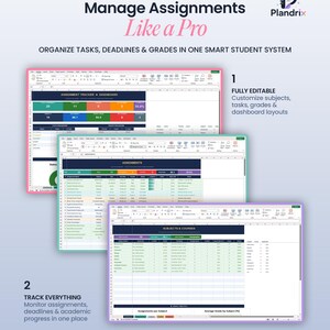 K&ouml;nnte beinhalten: Ein Bild, das ein digitales Aufgabenverwaltungssystem zeigt. Das Bild zeigt drei Tabellenkalkulationslayouts mit Datentabellen, Diagrammen und dem Text "Manage Assignments Like a Pro". Das System erm&ouml;glicht die Organisation von Aufgaben, Fristen und Noten.