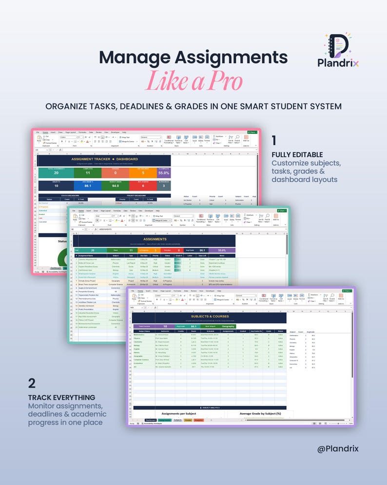 K&ouml;nnte beinhalten: Ein Bild, das ein digitales Aufgabenverwaltungssystem zeigt. Das Bild zeigt drei Tabellenkalkulationslayouts mit Datentabellen, Diagrammen und dem Text "Manage Assignments Like a Pro". Das System erm&ouml;glicht die Organisation von Aufgaben, Fristen und Noten.