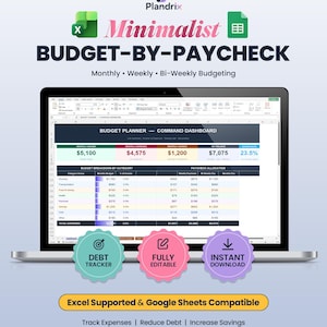 May include: A laptop displays a budget planner spreadsheet with the text "Budget-By-Paycheck." The design includes a debt tracker, fully editable features, and instant download options. The spreadsheet is compatible with Excel and Google Sheets.