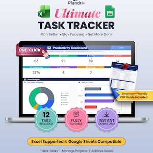 Könnte beinhalten: Eine digitale Aufgabenverfolgungsvorlage auf einem Laptop-Bildschirm mit einem Produktivitäts-Dashboard, Diagrammen, Statusmetriken und Navigationsschaltflächen. Die Benutzeroberfläche enthält Textbeschriftungen wie Ultimate Task Tracker, 12 Tabs Included und Beginner-Friendly PDF Guide Included.