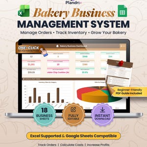 May include: A digital bakery business management system displayed on a laptop screen, featuring a dashboard with data charts, revenue metrics, and navigation buttons. Includes icons for Excel and Google Sheets, plus badges for 18 sheets, editability, and a PDF guide.
