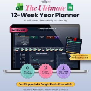 May include: A digital 12-week year planner displayed on a laptop screen, featuring dark mode, goal tracking, and task completion charts. The interface includes text labels like 'Reuse Every Year', 'Fully Editable', and 'Instant Download'.