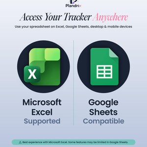 K&ouml;nnte beinhalten: Eine Informationsgrafik f&uuml;r Plandrix mit dem Text Access Your Tracker Anywhere. Sie zeigt Symbole f&uuml;r Microsoft Excel und Google Sheets und weist darauf hin, dass der Tracker auf Desktop- und Mobilger&auml;ten unterst&uuml;tzt wird, inklusive Hinweis.