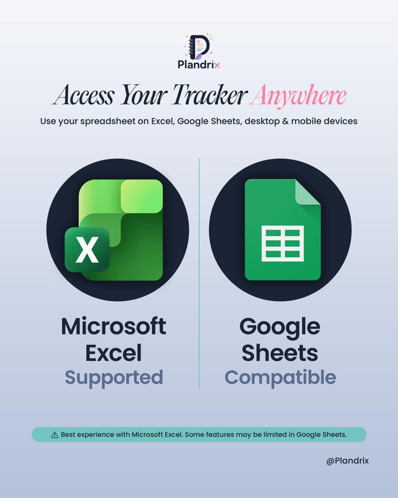 K&ouml;nnte beinhalten: Eine Informationsgrafik f&uuml;r Plandrix mit dem Text Access Your Tracker Anywhere. Sie zeigt Symbole f&uuml;r Microsoft Excel und Google Sheets und weist darauf hin, dass der Tracker auf Desktop- und Mobilger&auml;ten unterst&uuml;tzt wird, inklusive Hinweis.