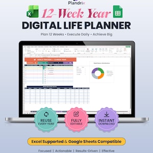 May include: A laptop displaying a digital life planner with the text "12-Week Year DIGITAL LIFE PLANNER." The planner is designed for Excel and Google Sheets, with features like "Reuse Every Year" and "Instant Download."