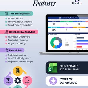 K&ouml;nnte beinhalten: Eine digitale Produktivit&auml;ts-Dashboard-Vorlage f&uuml;r Excel von Plandrix. Die Anzeige zeigt Funktionen f&uuml;r Aufgabenverwaltung, Analysen und Fortschrittsverfolgung. Sie enth&auml;lt ein Kreisdiagramm, Balkendiagramme und ein Zyklusdiagramm mit Plan, Track, Analyze, Achieve.