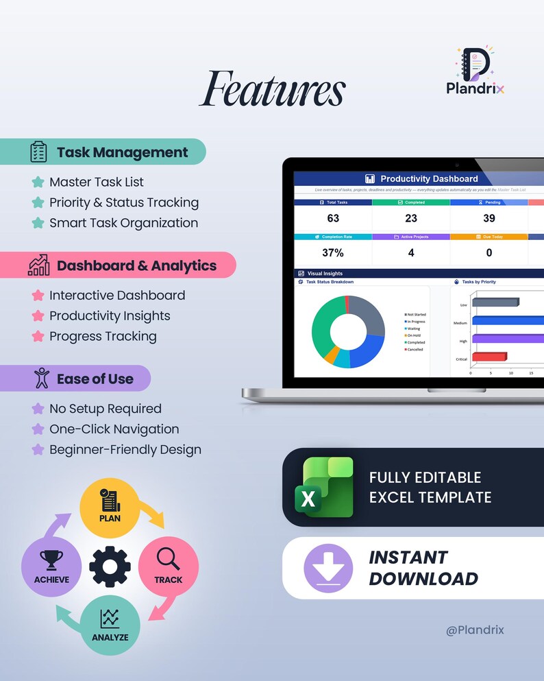 K&ouml;nnte beinhalten: Eine digitale Produktivit&auml;ts-Dashboard-Vorlage f&uuml;r Excel von Plandrix. Die Anzeige zeigt Funktionen f&uuml;r Aufgabenverwaltung, Analysen und Fortschrittsverfolgung. Sie enth&auml;lt ein Kreisdiagramm, Balkendiagramme und ein Zyklusdiagramm mit Plan, Track, Analyze, Achieve.