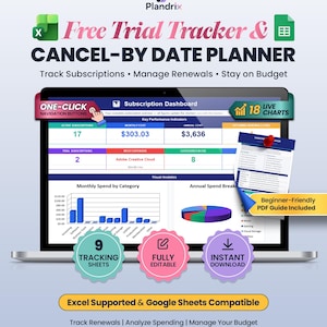 Op de afbeelding: Een digitale abonnementstracker en planner voor opzegdata weergegeven op een laptopscherm. De interface bevat een dashboard met prestatie-indicatoren, grafieken voor maandelijkse en jaarlijkse uitgaven en navigatieknoppen. Inclusief 9 trackingbladen, volledig bewerkbare velden en een beginnersvriendelijke PDF-handleiding. Compatibel met Excel en Google Sheets.