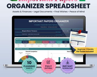 Important Papers Organizer Spreadsheet | End of Life Planner, Estate & Family Records, Emergency Binder | Google Sheets and Excel
