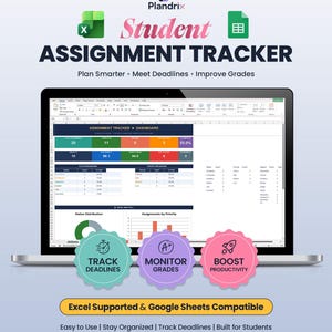 K&ouml;nnte beinhalten: Ein Laptop mit einer Sch&uuml;ler-Aufgabenverfolgungs-Tabelle. Der Bildschirm zeigt Datenvisualisierungen und Diagramme. Das Bild enth&auml;lt den Text "Student Assignment Tracker" und Symbole zum Verfolgen von Fristen, &Uuml;berwachen von Noten und Steigern der Produktivit&auml;t. Excel- und Google Sheets-kompatibel.