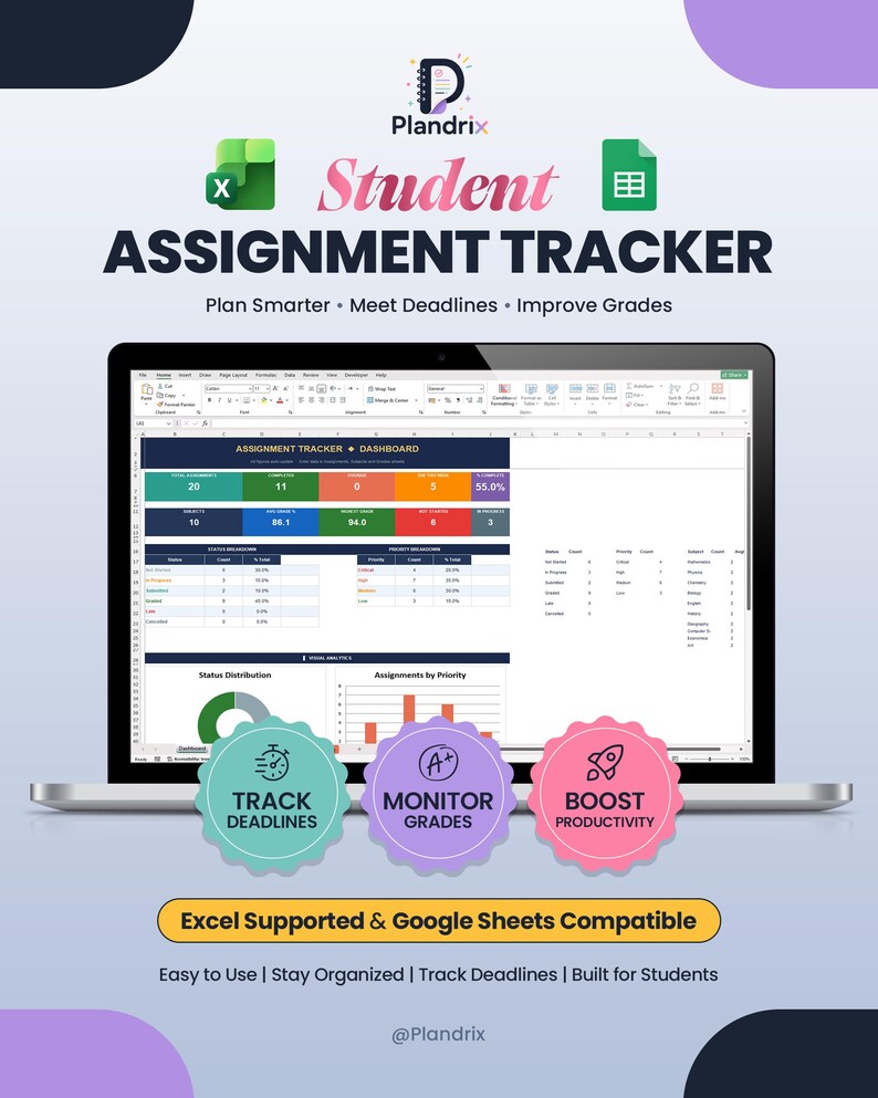 K&ouml;nnte beinhalten: Ein Laptop mit einer Sch&uuml;ler-Aufgabenverfolgungs-Tabelle. Der Bildschirm zeigt Datenvisualisierungen und Diagramme. Das Bild enth&auml;lt den Text "Student Assignment Tracker" und Symbole zum Verfolgen von Fristen, &Uuml;berwachen von Noten und Steigern der Produktivit&auml;t. Excel- und Google Sheets-kompatibel.