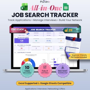 May include: A digital job search tracker displayed on a laptop screen, featuring the Plandrix logo, 29 live charts, and one-click navigation buttons. The interface includes sections for headline numbers, pipeline status, and a beginner-friendly PDF guide.