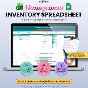 Może przedstawiać: Cyfrowy arkusz kalkulacyjny do zarządzania zapasami wyświetlony na ekranie laptopa, zawierający tabele danych, wykresy oraz tekst Management Inventory Spreadsheet. Zawiera odznaki systemu typu wszystko w jednym, edytowalności i przewodnik PDF.