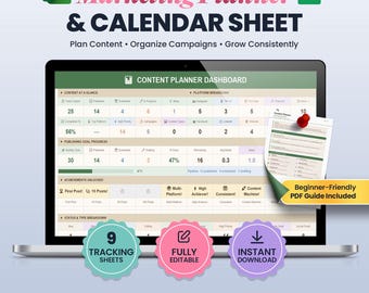 Marketing Calendar and Planner, Campaign Tracker, Content Calendar Spreadsheet, Social Media Planner, Google Sheets and Excel