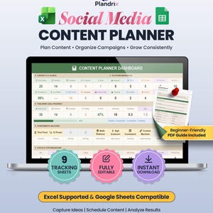Könnte beinhalten: Ein digitaler Social-Media-Content-Planer auf einem Laptop-Bildschirm mit Dashboard, Tabellen und Fortschrittsanzeigen. Enthält einen PDF-Leitfaden, neun Tracking-Tabellen und ist mit Excel sowie Google Sheets kompatibel.