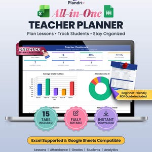 May include: A digital teacher planner displayed on a laptop screen, featuring a dashboard with charts, graphs, and navigation buttons. The interface includes text labels like All-in-One Teacher Planner, Excel Supported, and Google Sheets Compatible.