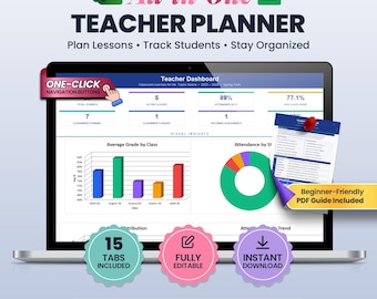 Teacher Planner Spreadsheet, Classroom Management System, Gradebook and Lesson Planner, Google Sheets and Excel, Undated Academic Calendar